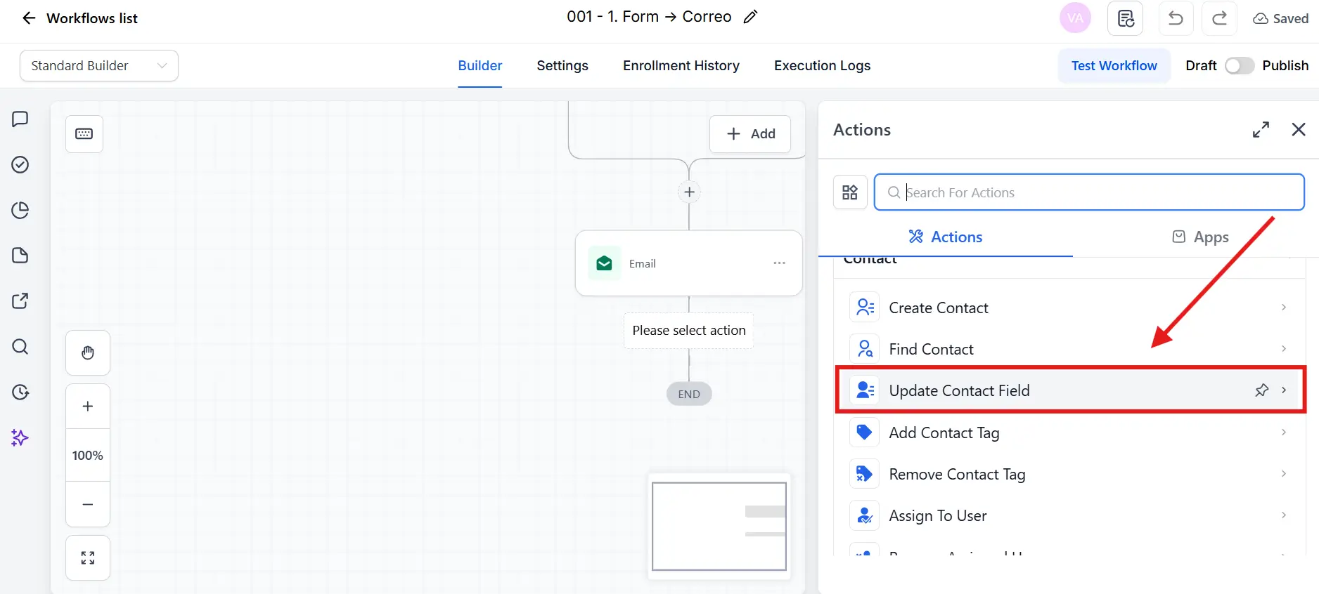 Acción Update Contact Field en el panel de acciones del workflow de GoHighLevel