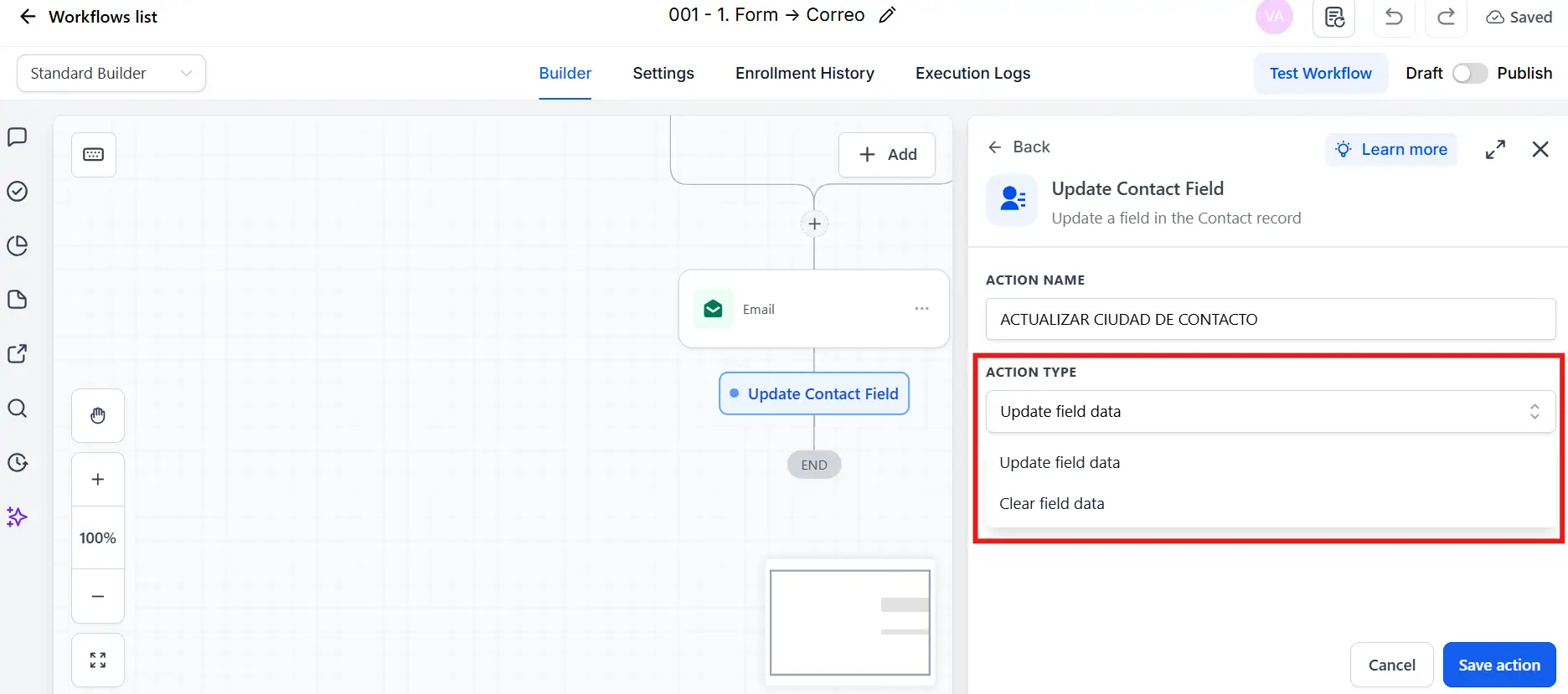 Opciones Update field data y Clear field data en la acción Update Contact Field de GoHighLevel