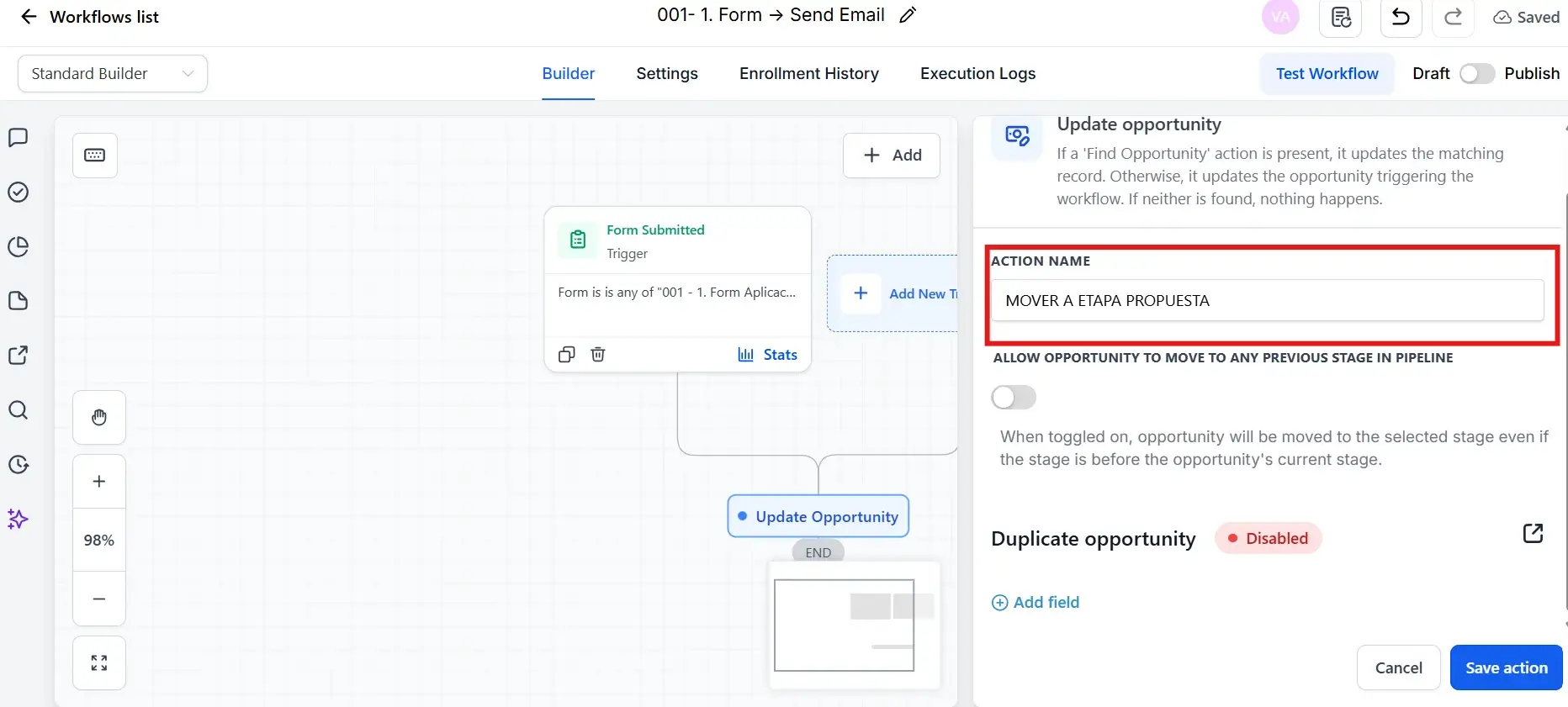 Campo de nombre de la acción Update Opportunity en el editor de workflows de GoHighLevel