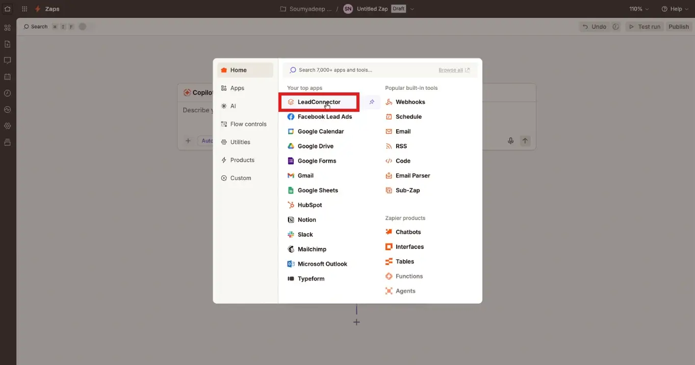 Seleccionar LeadConnector en Zapier