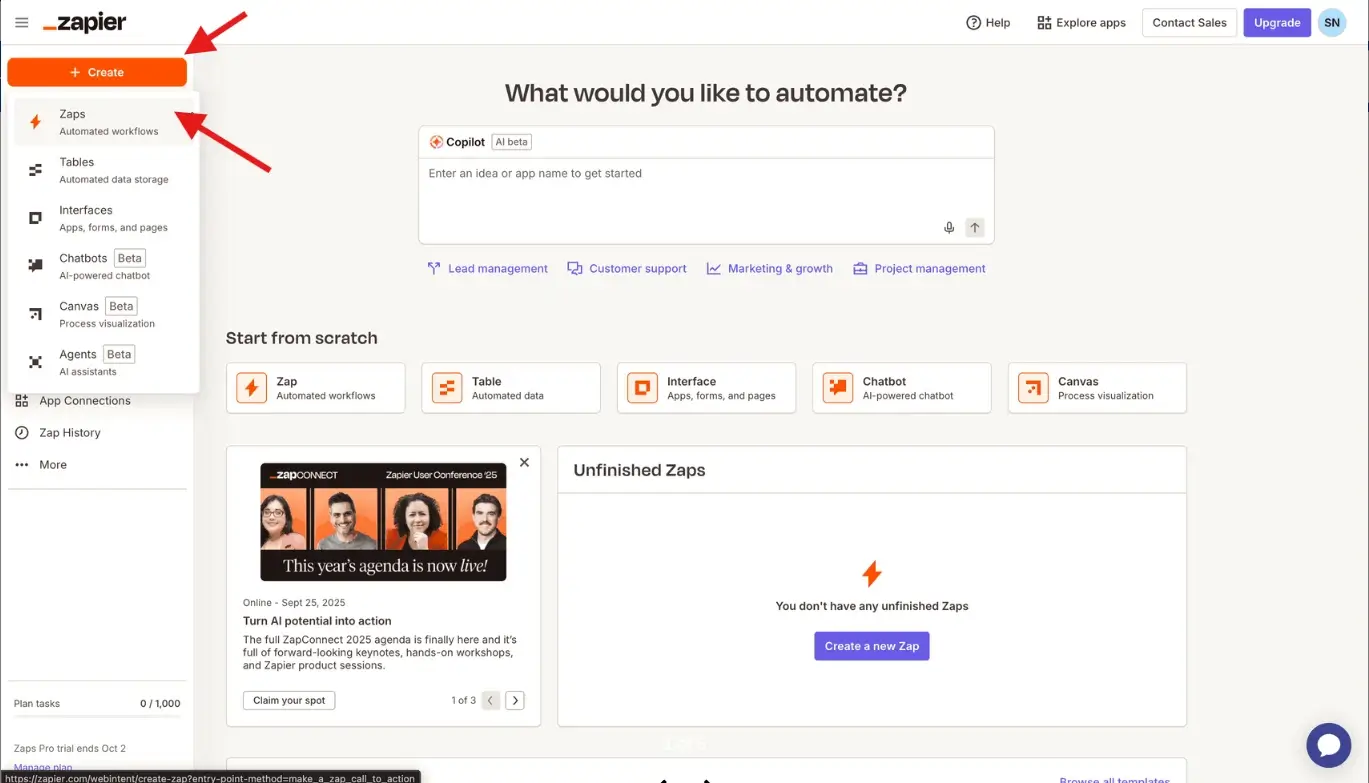 Crear un nuevo Zap en Zapier
