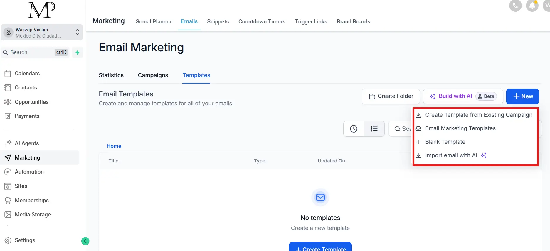 Elegir plantilla en Email Builder GoHighLevel