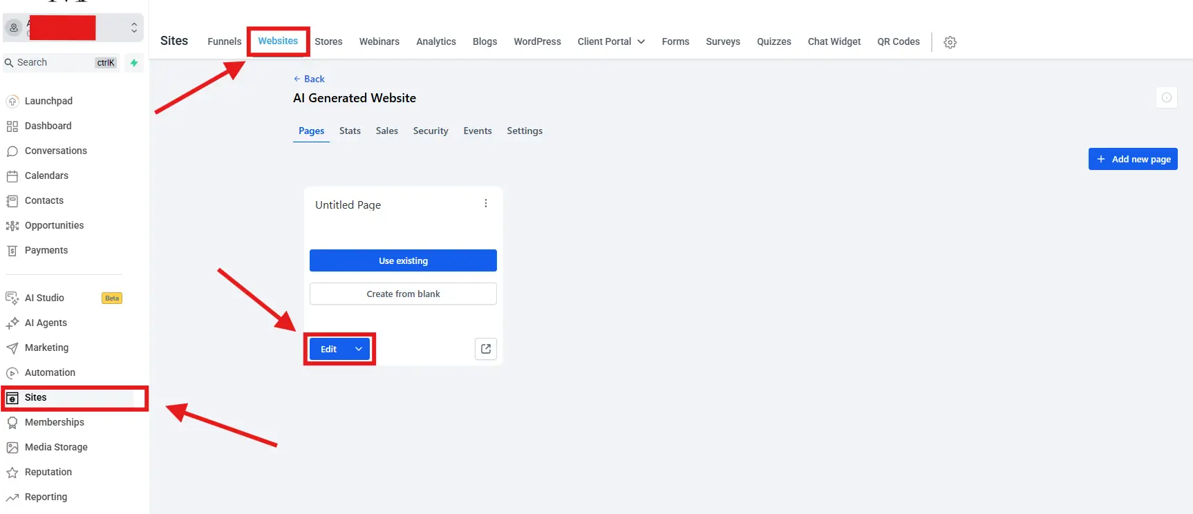 Pantalla Sites → Websites con el botón Edit para abrir el website builder de GoHighLevel