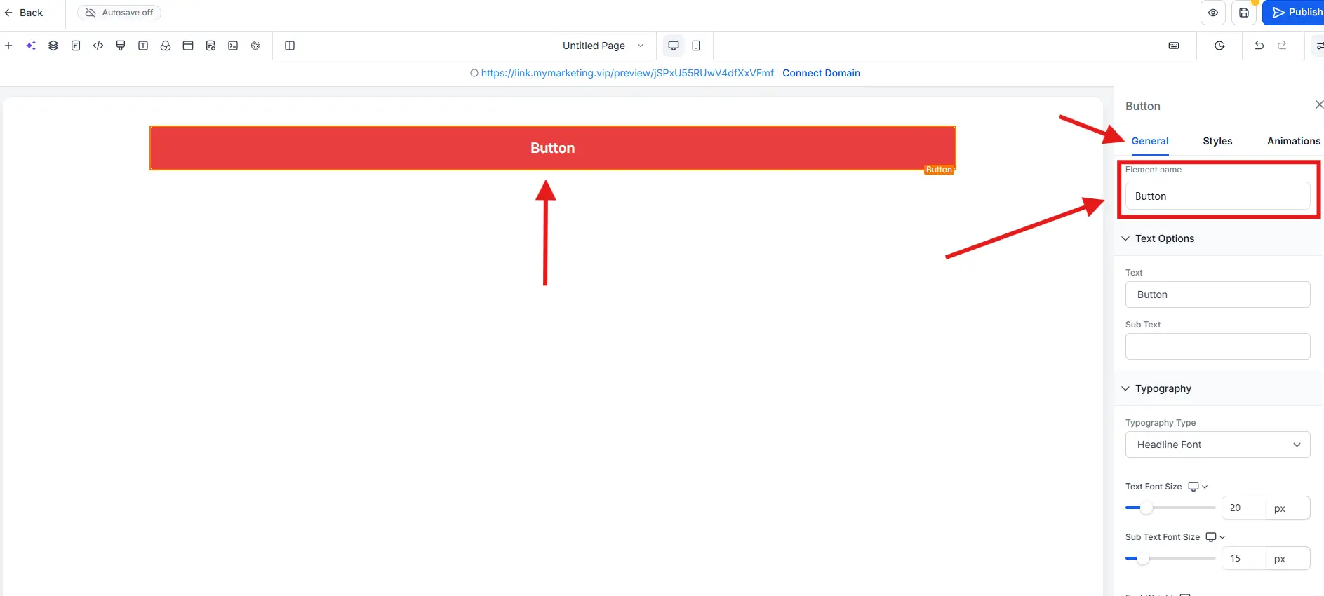 Panel General → Element Name en el website builder de GoHighLevel para editar el texto del botón