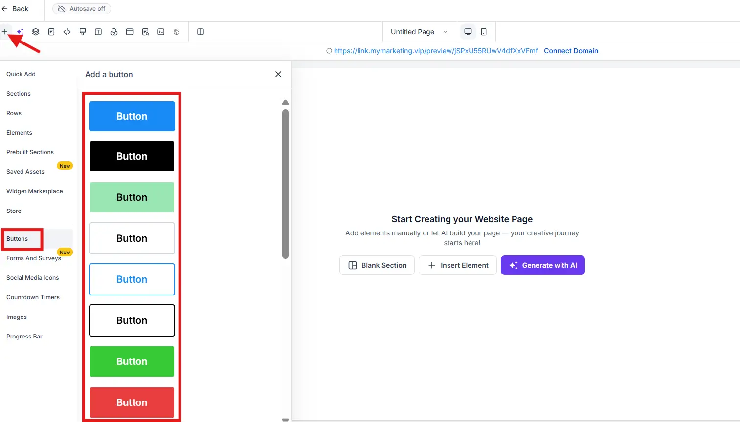 Panel de elementos del website builder de GoHighLevel con el elemento Button disponible para agregar