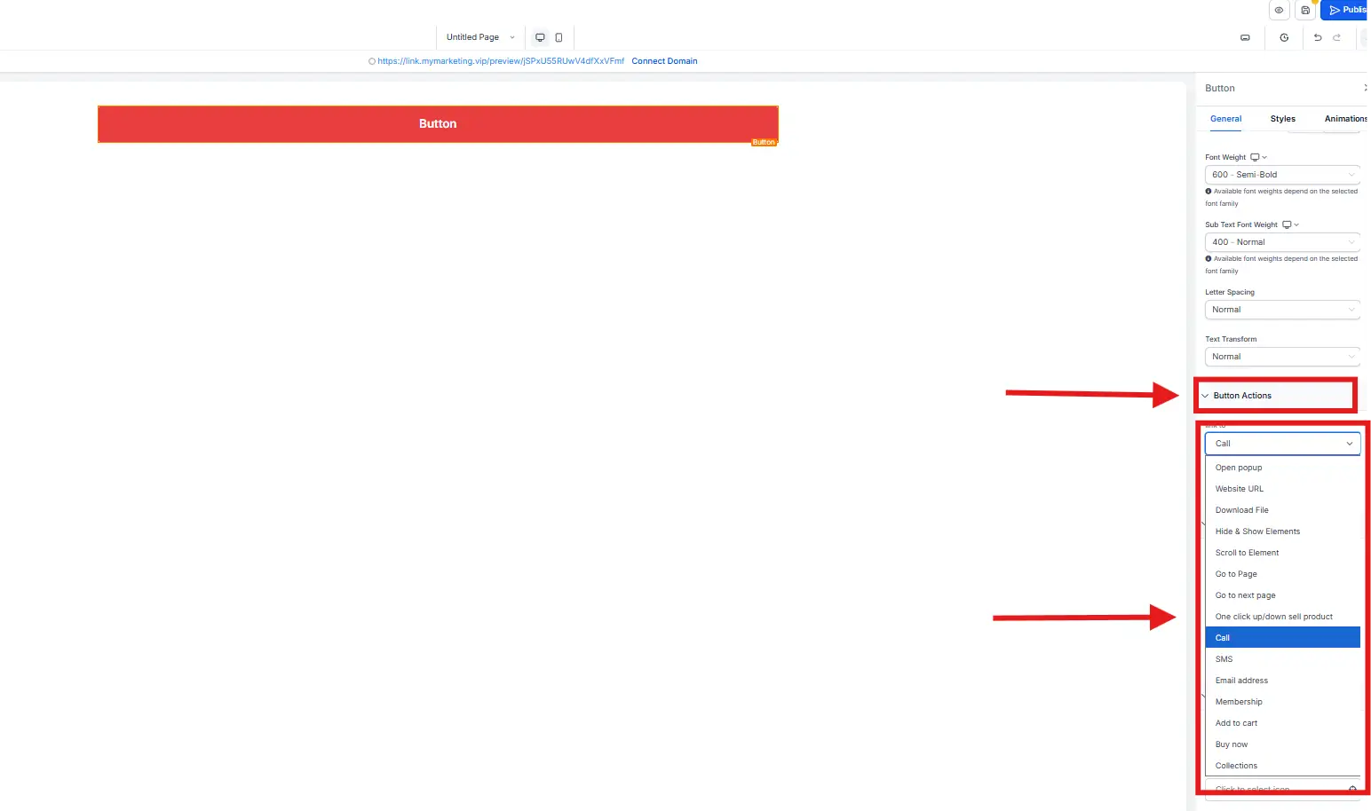 Panel General → Button Actions en GoHighLevel con opciones Call, URL, Scroll to Section y Email