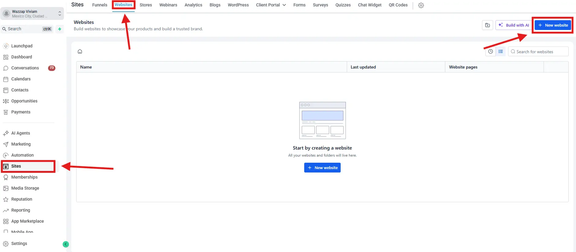 Sección Sites → Websites en GoHighLevel con botón para crear nuevo sitio web