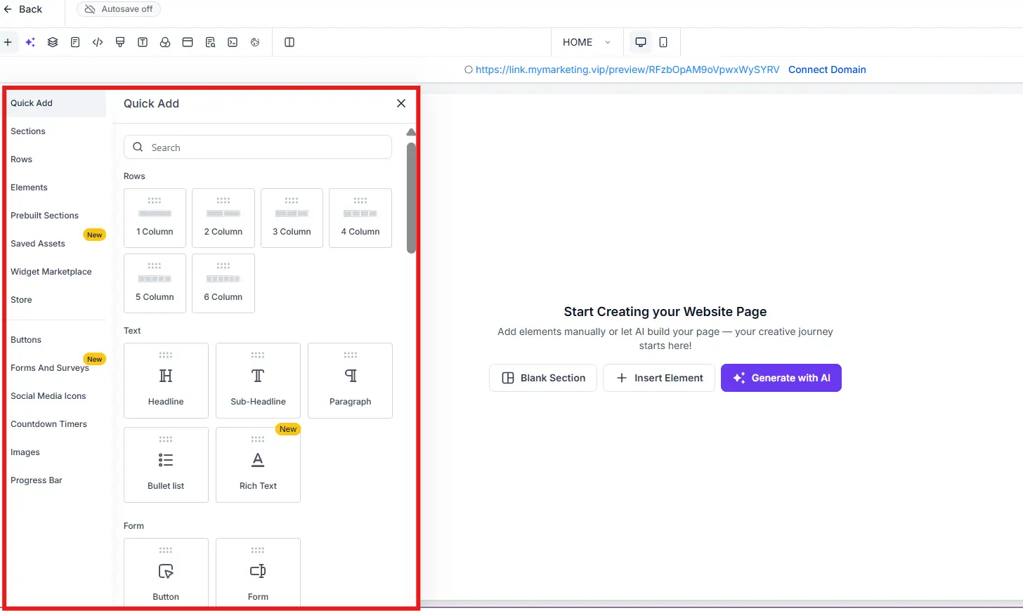 Editor drag-and-drop del website builder de GoHighLevel con secciones editables