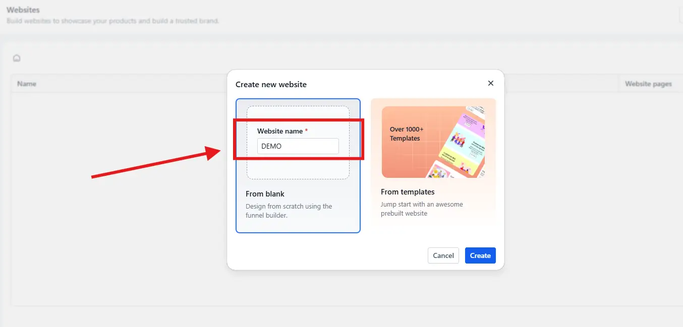Campo para ingresar el nombre interno del sitio web al crearlo en GoHighLevel