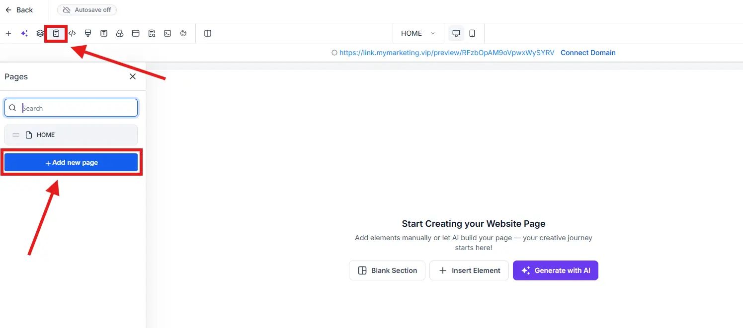 Opción para agregar nueva página en el website builder de GoHighLevel desde el menú de páginas