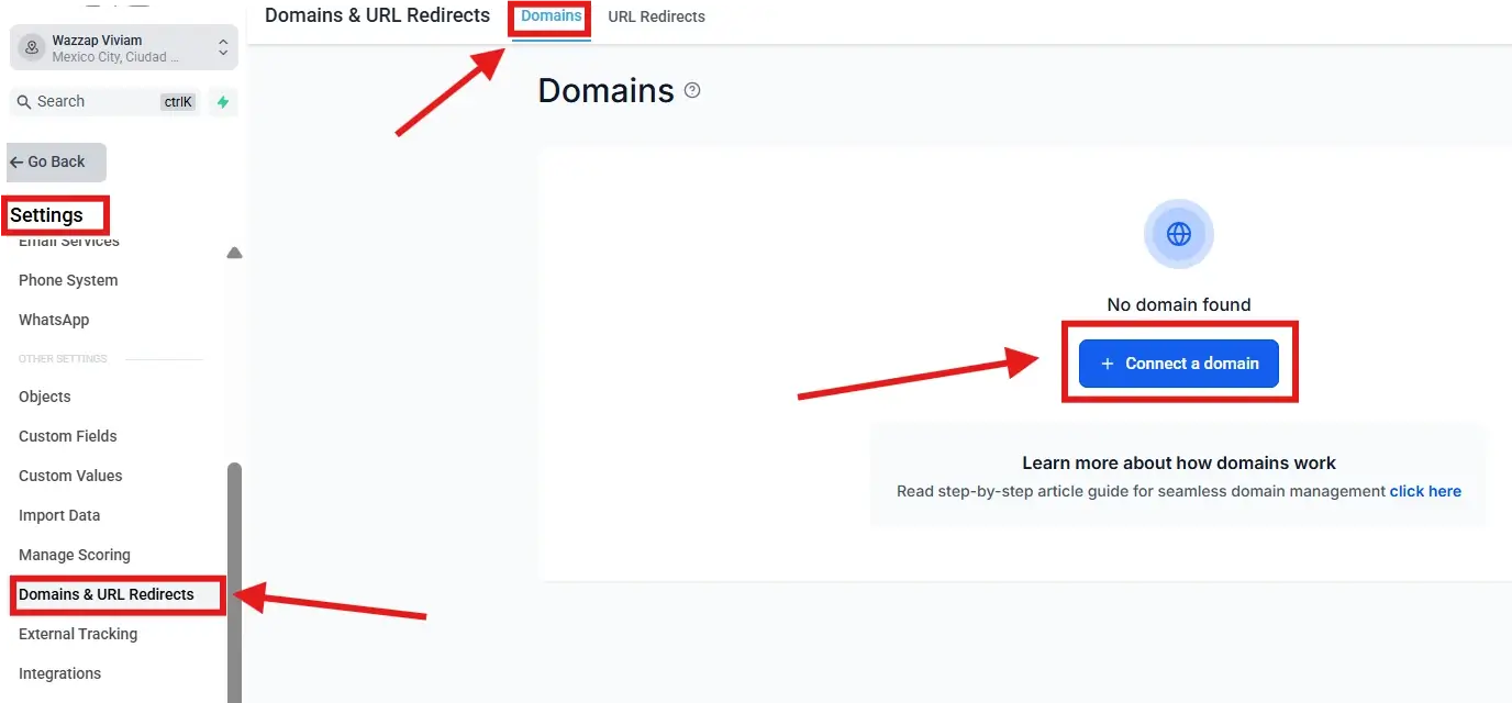 Sección Settings → Domains & URL Redirects en GoHighLevel para conectar un dominio personalizado