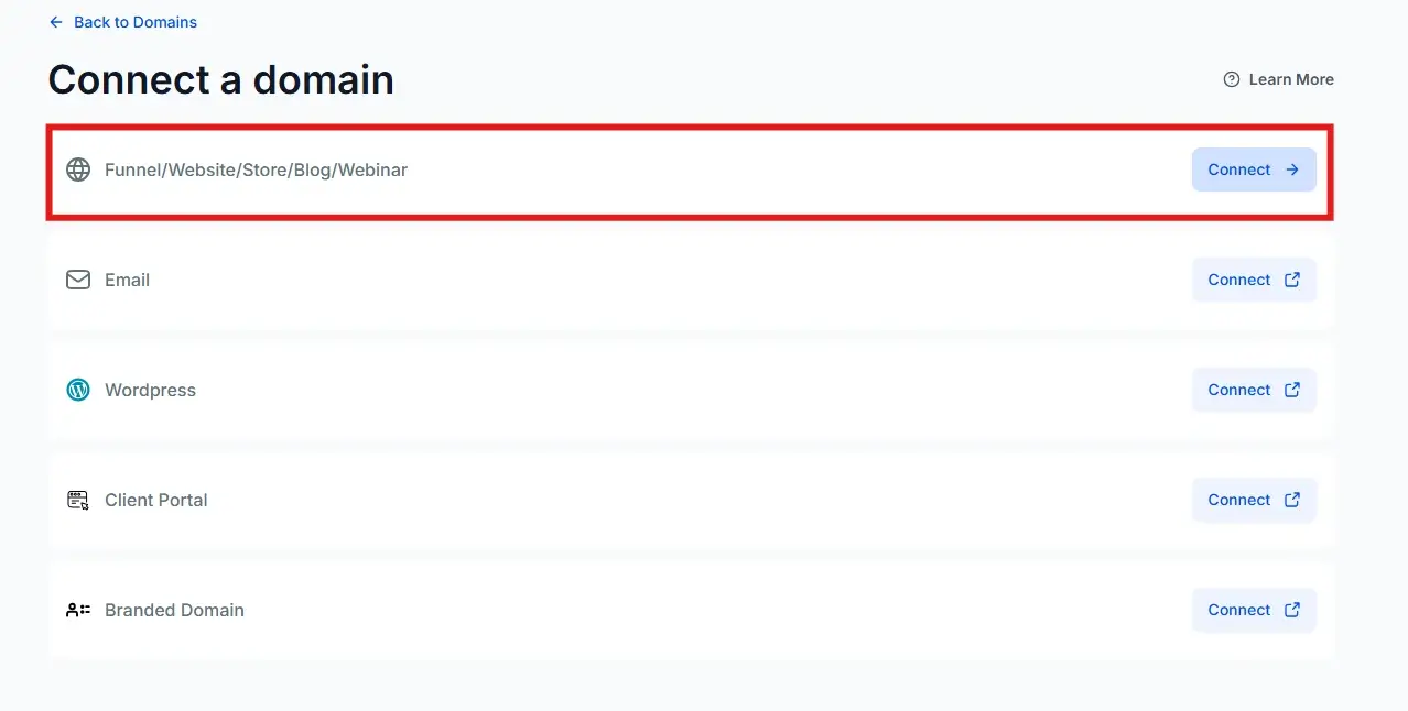 Formulario Connect a Domain en GoHighLevel donde se ingresa el dominio a vincular