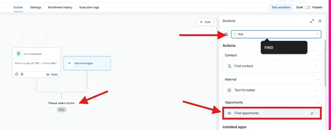Buscador de acciones en Workflows de GoHighLevel con la opción Find Opportunity seleccionada