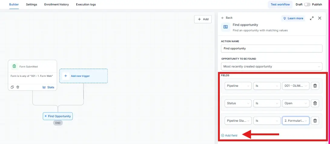 Panel de configuración de filtros de Find Opportunity en GoHighLevel: pipeline, etapa y estado