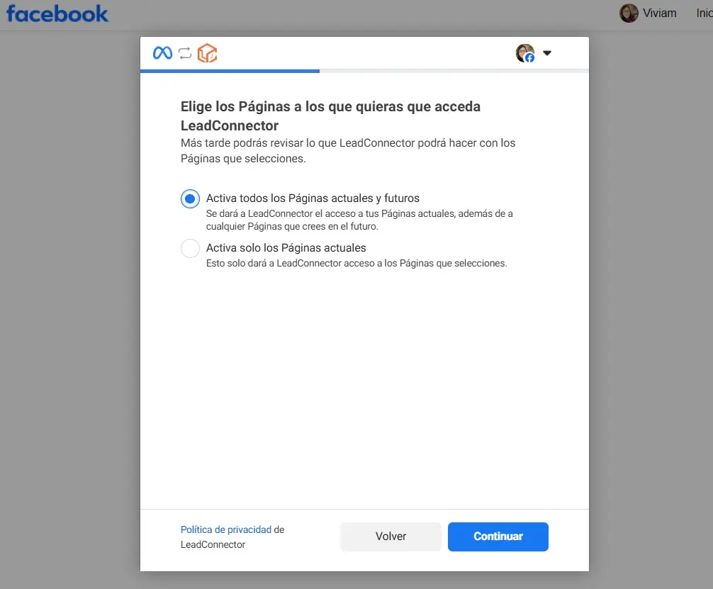 Lista de Facebook Pages disponibles para conectar a la subcuenta de GoHighLevel