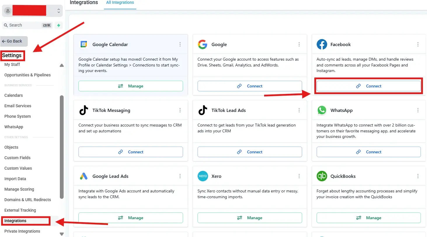 Pantalla Settings → Integrations → Facebook en GoHighLevel para conectar una Page