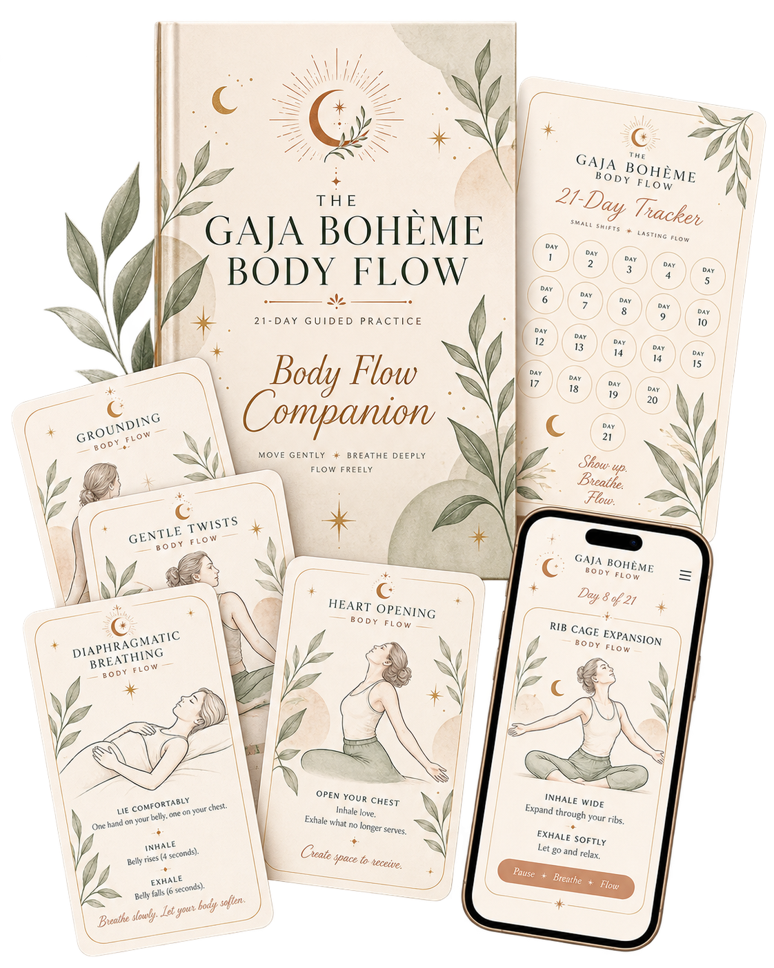 The Gaja Bohème Body Flow companion, illustrated practice cards, tracker, and mobile practice