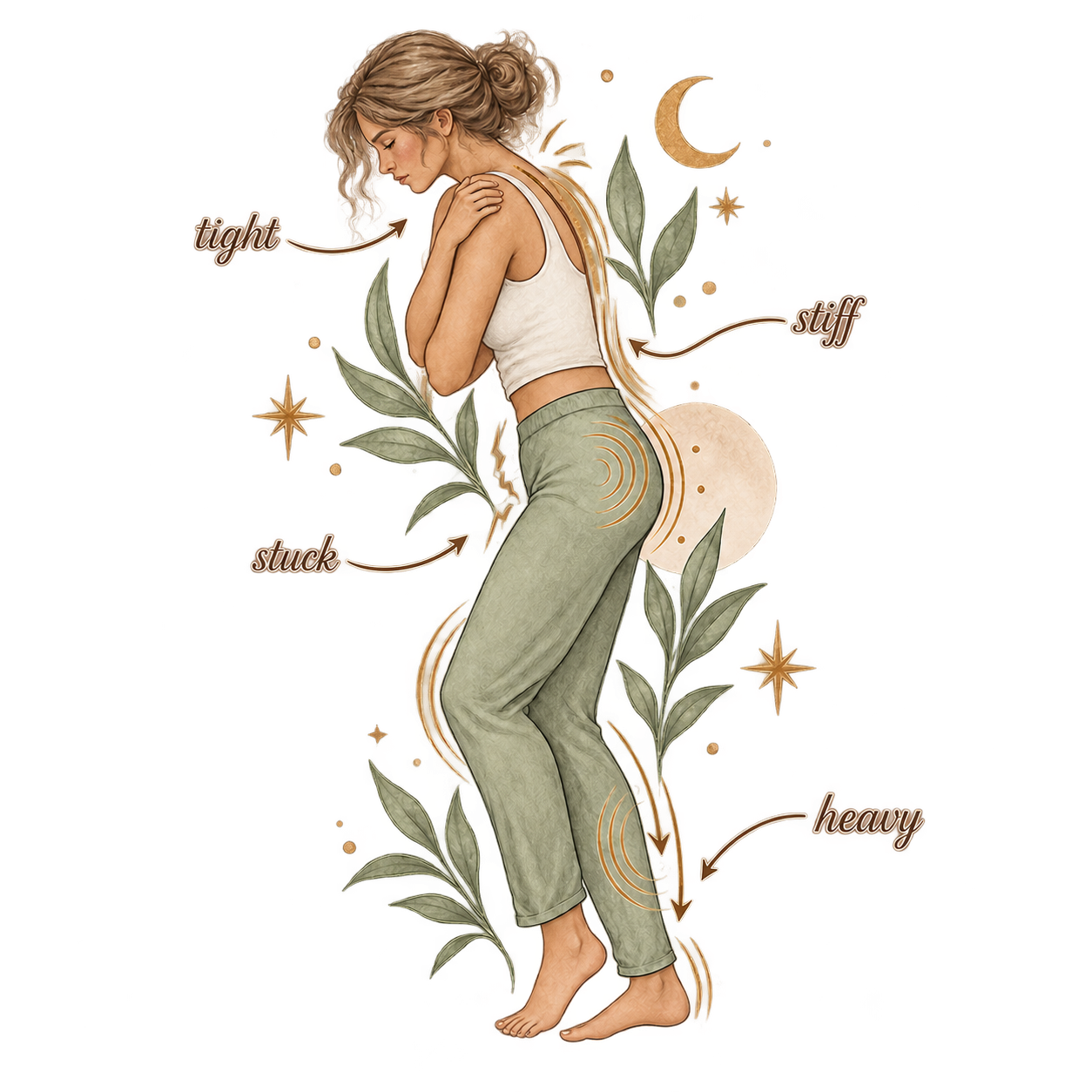 Illustration of a body feeling tight, stiff, heavy, and stuck