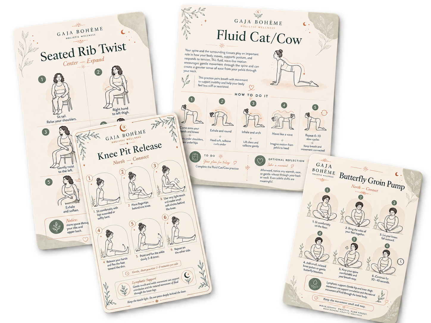 Examples of actual Body Flow cards: seated rib twist, fluid cat/cow, knee pit release, and butterfly groin pump