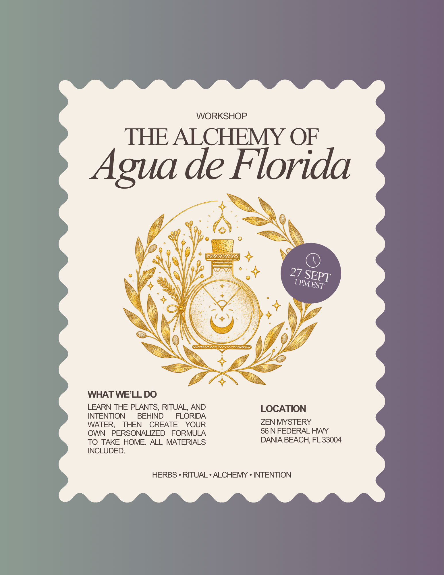 The Alchemy of Florida Water workshop flyer