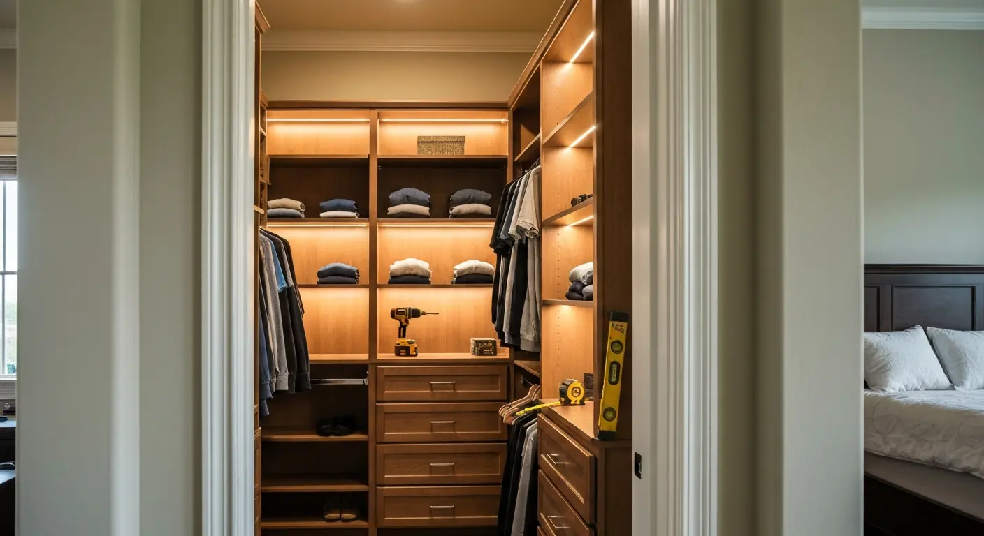 Custom walk-in closet with shelving and lighting