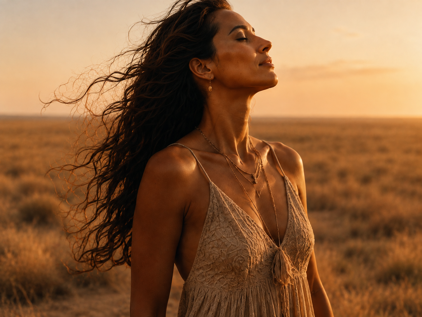 Woman looking up at the sky in the desert
