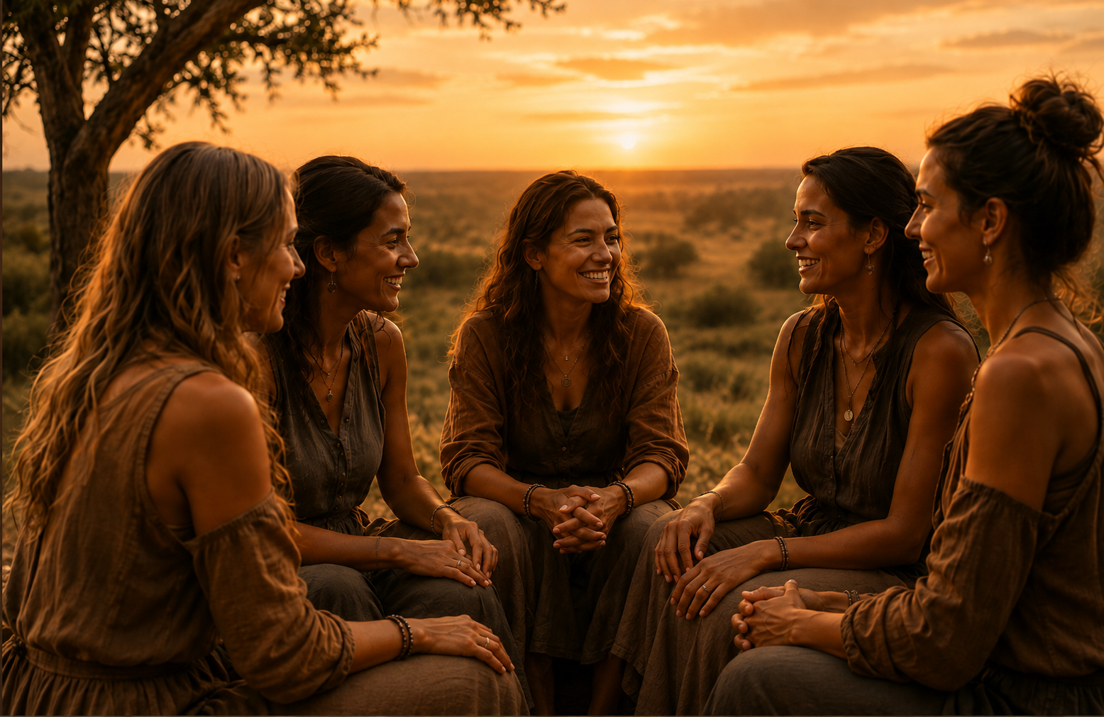 Women sitting together at sunset in nature