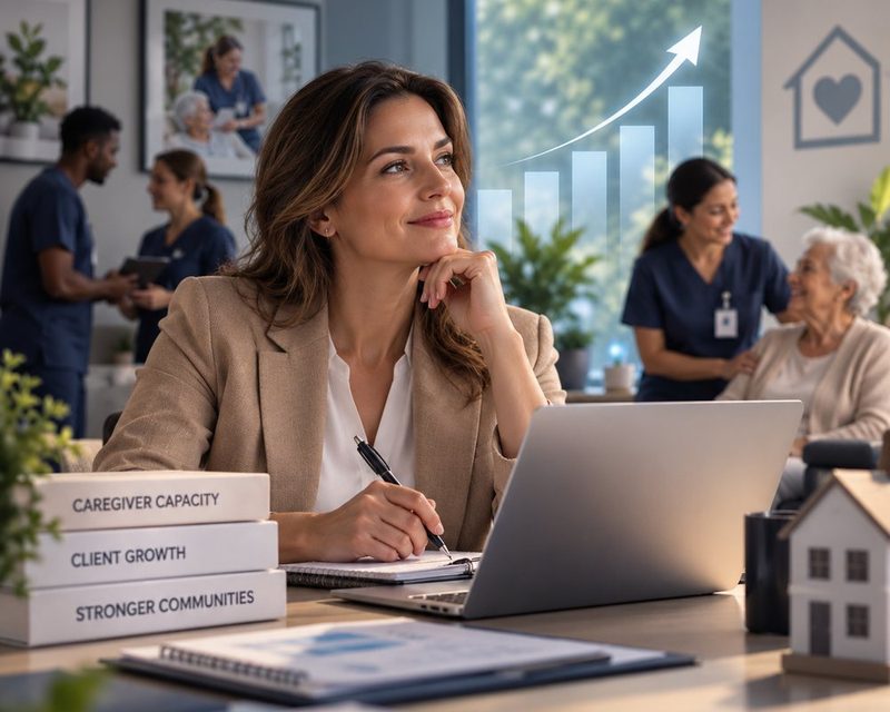 A home care agency owner at her laptop, with a rising growth chart and caregivers meeting clients behind her.