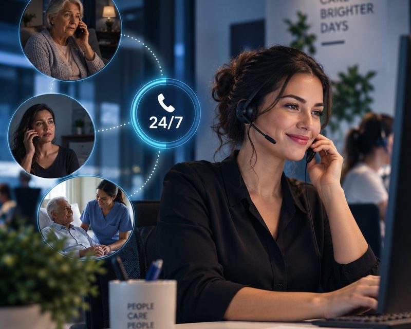 A front desk agent on a headset at night, connected to a family caller, an adult daughter and a caregiver at a bedside.