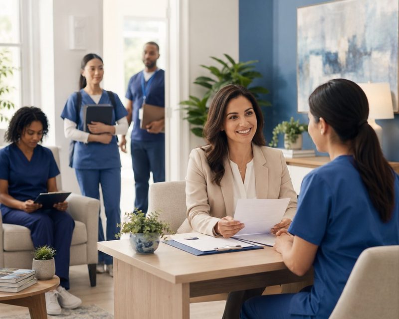 An agency recruiter interviewing a caregiver at a table, with other caregivers waiting nearby.