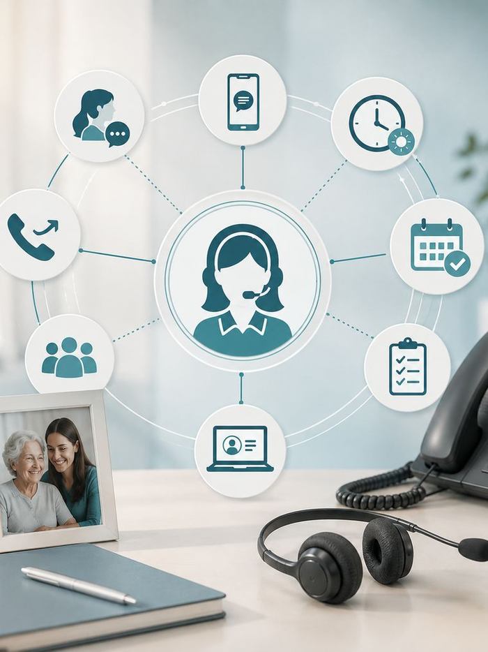 A desk with a headset and telephone, surrounded by icons for calls, messages, scheduling and records.