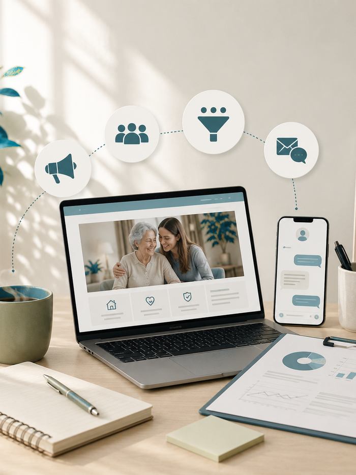 A laptop showing a family-facing home care landing page, beside a phone with follow-up messages and a campaign report.