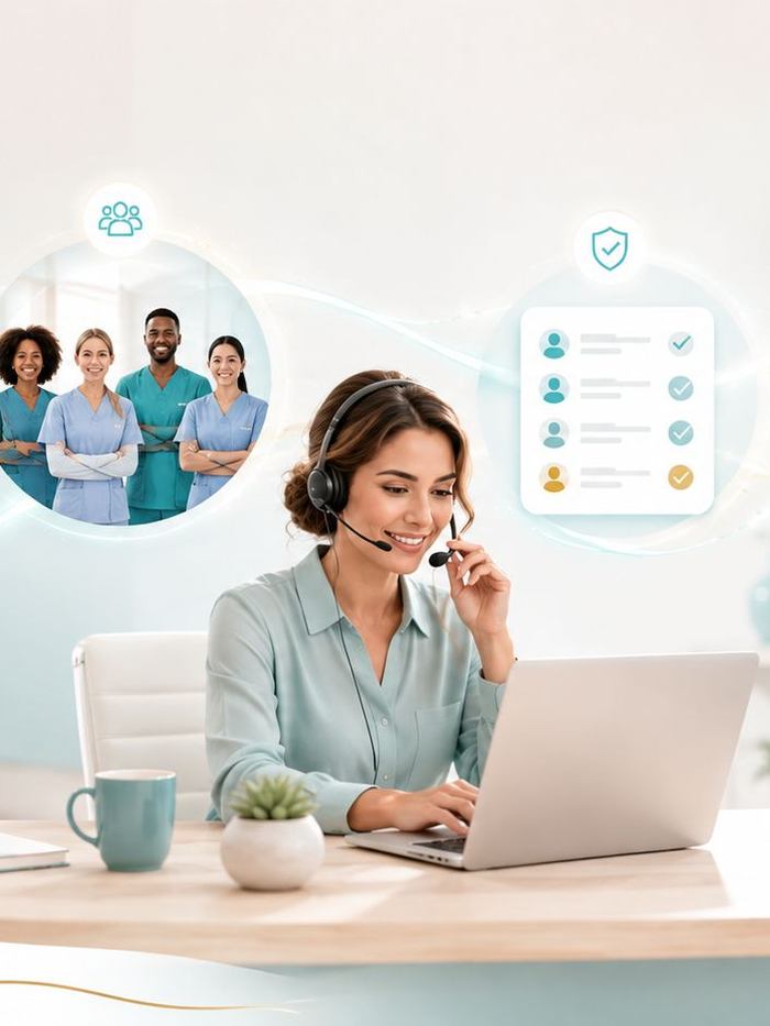 A recruiter wearing a headset works at a laptop while caregiver profiles and screening checks appear alongside her.