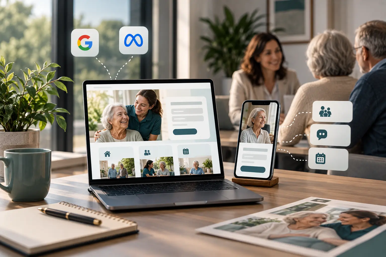 Laptop showing a home care client campaign with marketing funnel, SMS nurture and analytics on a desk