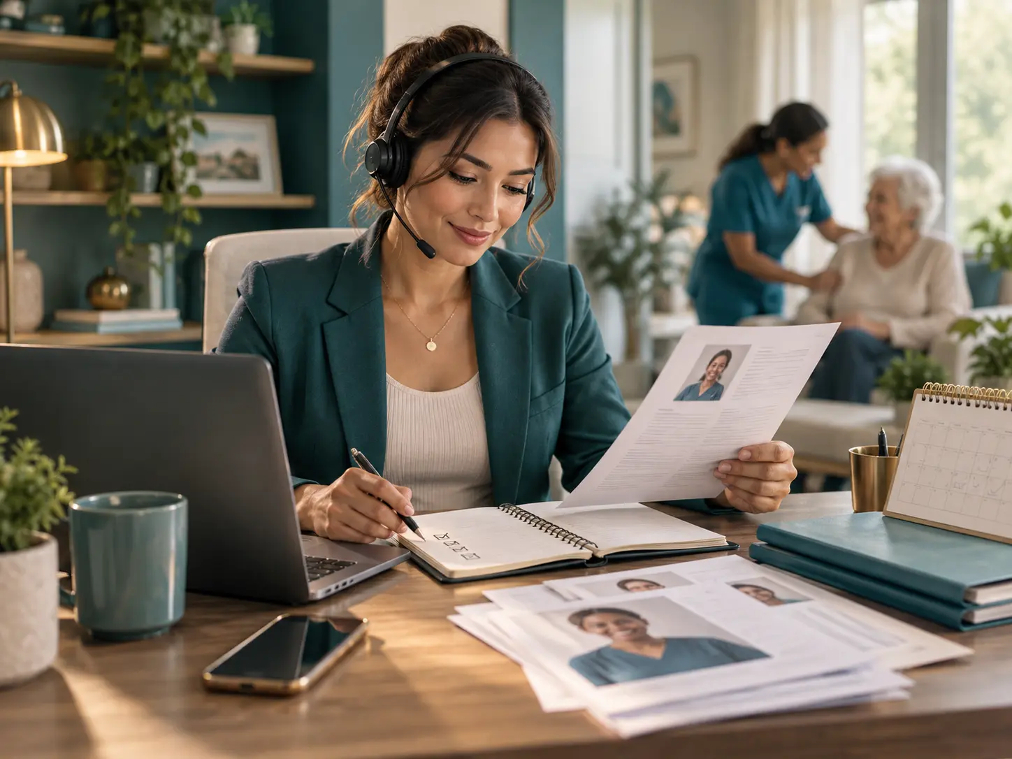 24/7 intake desk with icons for calls, messaging, scheduling and client management around a receptionist