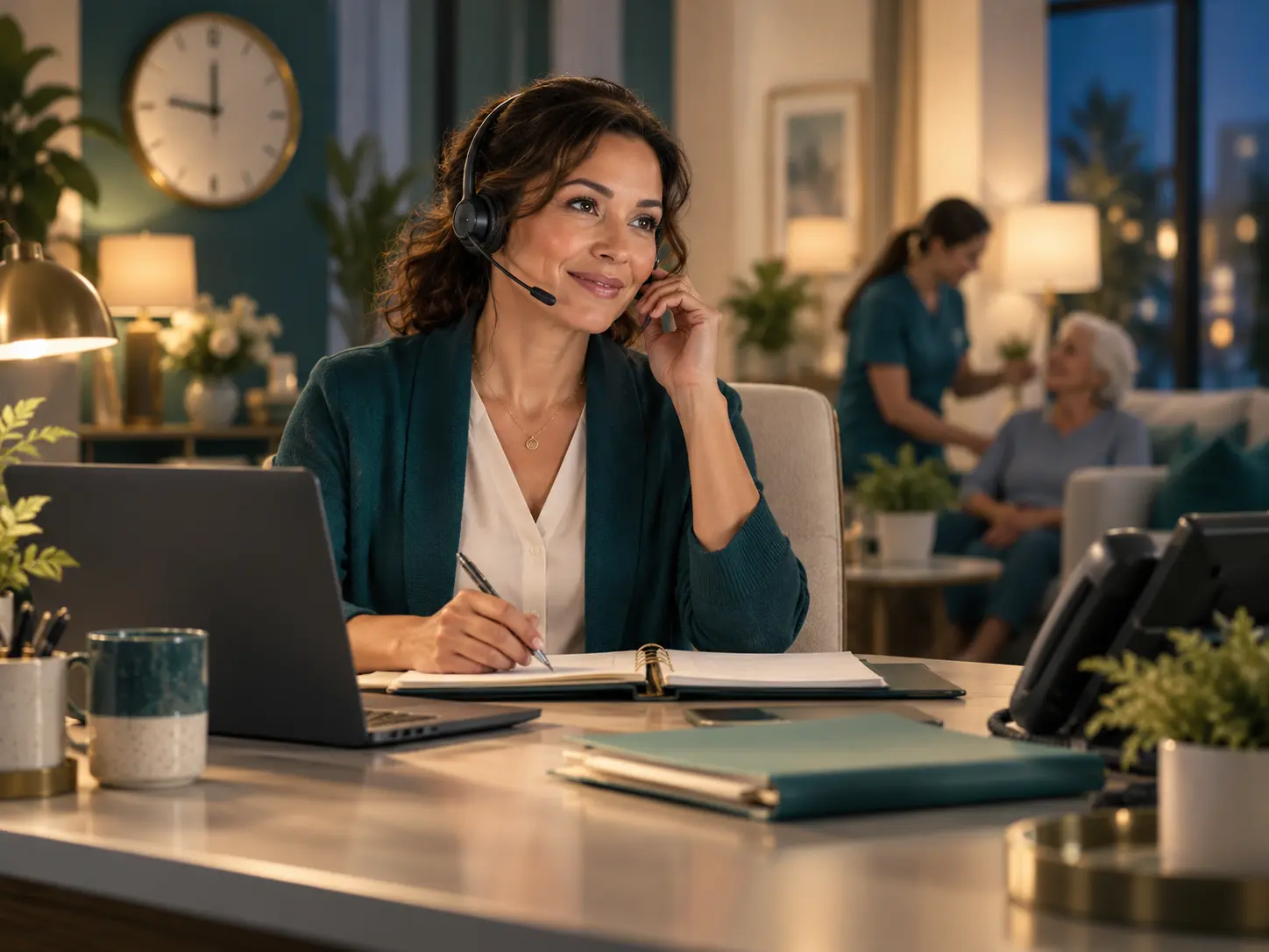 Recruiting coordinator with headset screening caregiver applicants on a laptop with a team checklist
