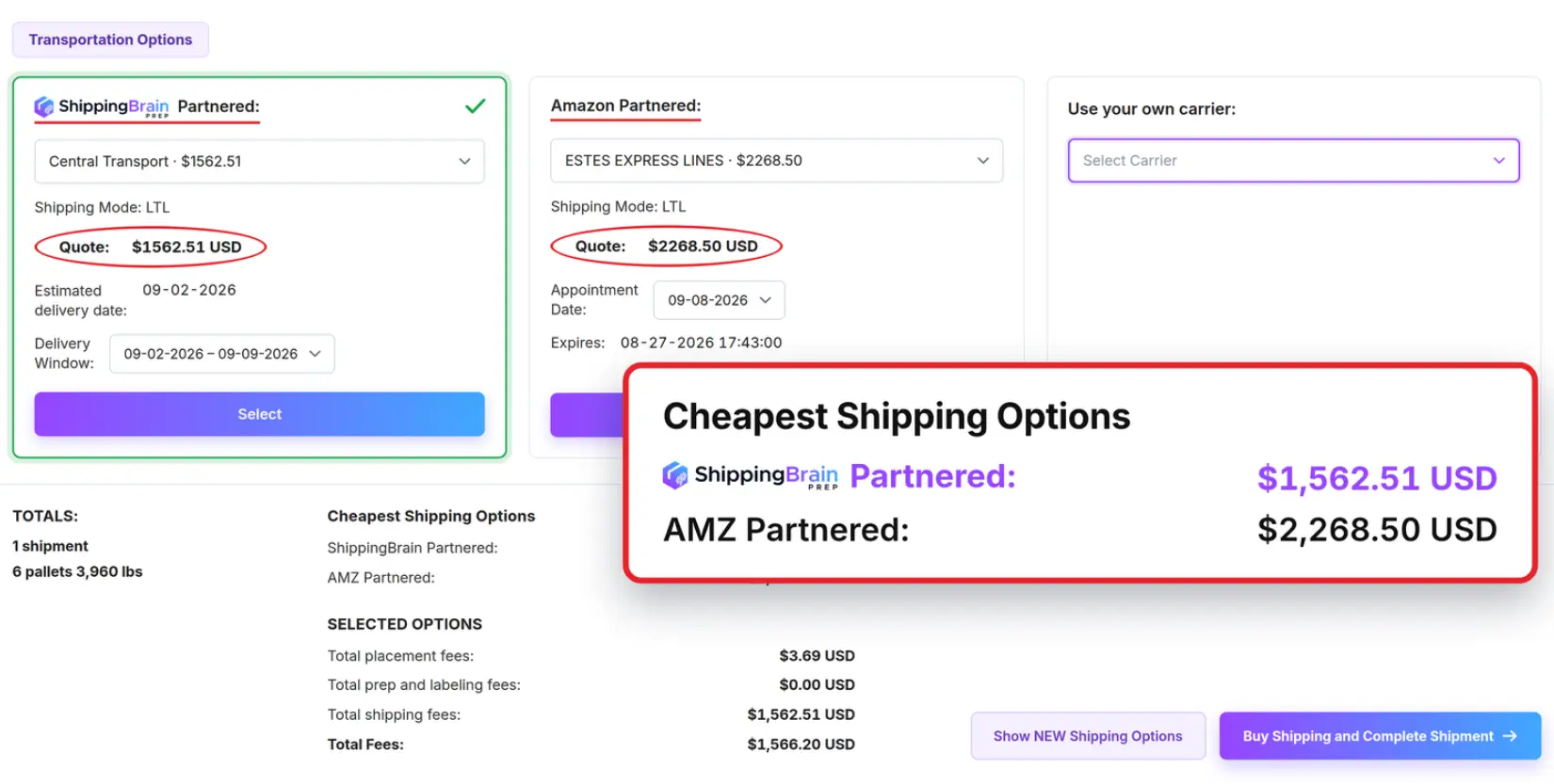 ShippingBrain Prep prep center software dashboard showing discounts on inbound shipping options
