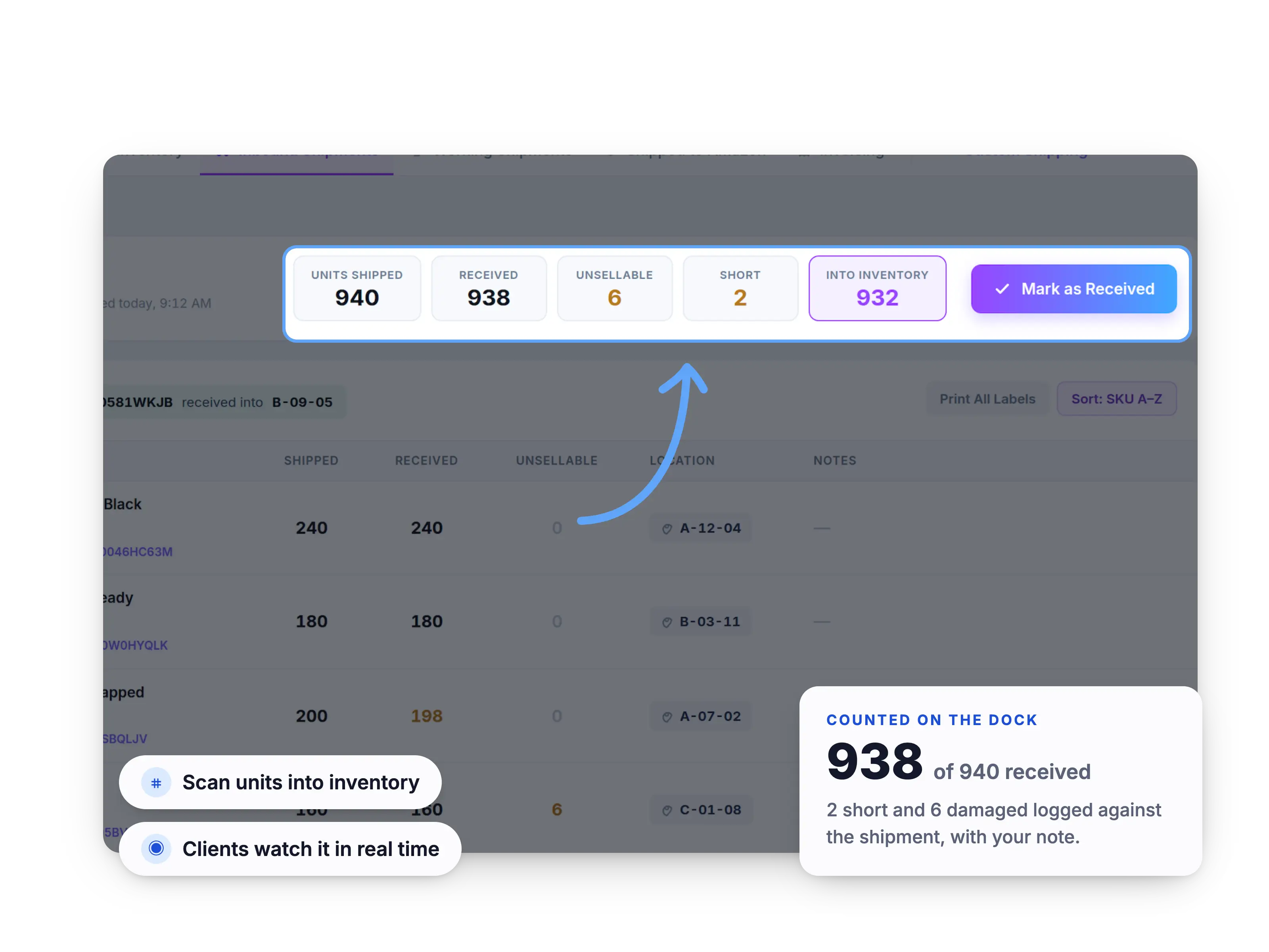 ShippingBrain Prep prep center software dashboard showing shipment reconcilation