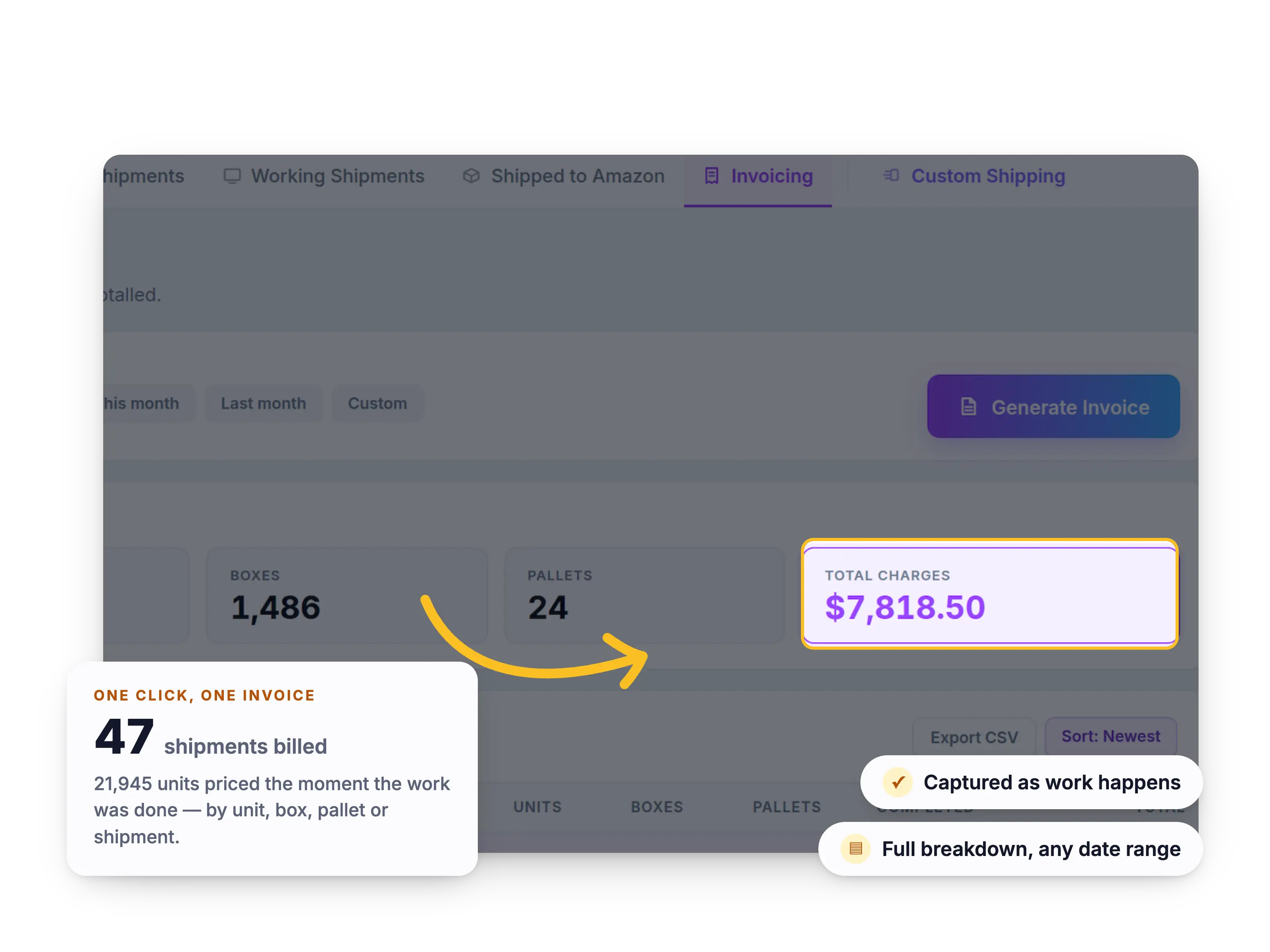 ShippingBrain Prep prep center software dashboard showing fees and invoicing in one click