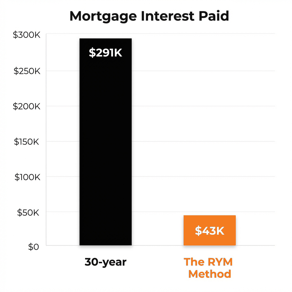 Mortgage Interest Paid: 30-year $291K vs RYM Method $43K