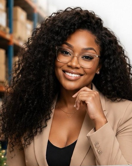Shanice Williams, founder of Sancia Enterprise Consulting, smiling at her desk