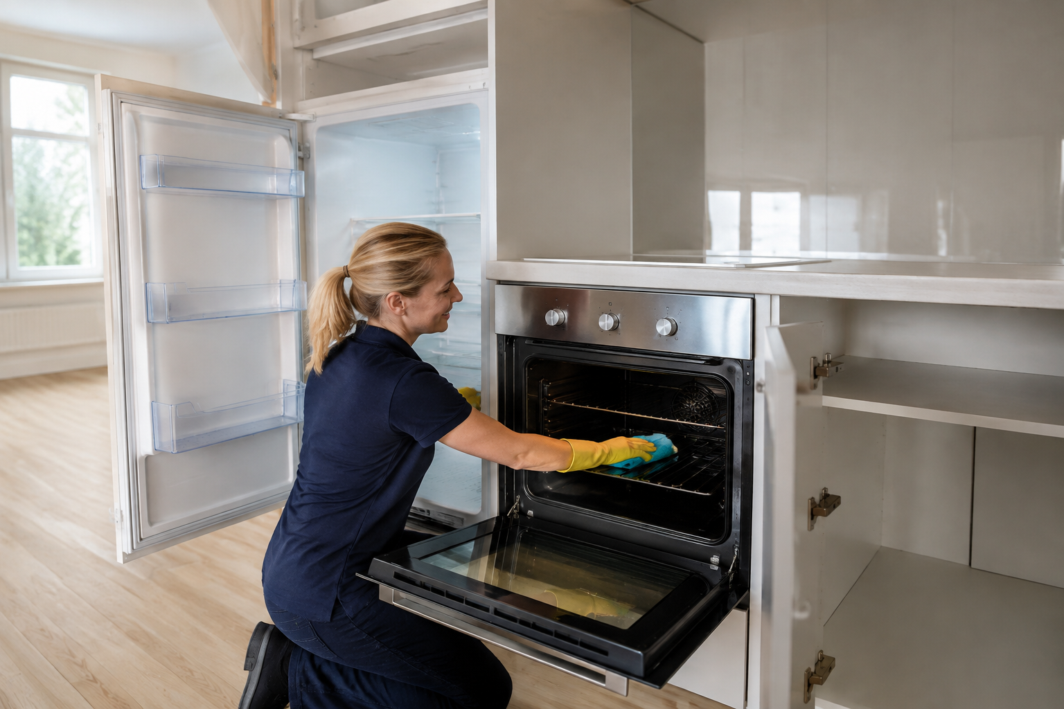 Professional cleaner cleaning an empty oven beside an open empty refrigerator and cabinets in a vacant property.