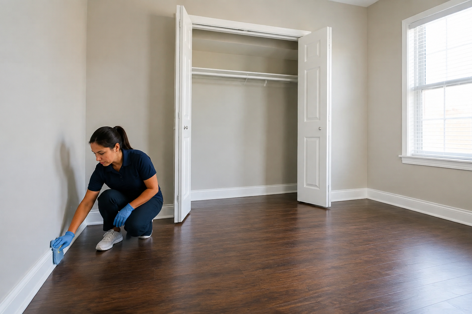 Professional cleaner detail-cleaning baseboards and an empty closet in a vacant bedroom before move-in.