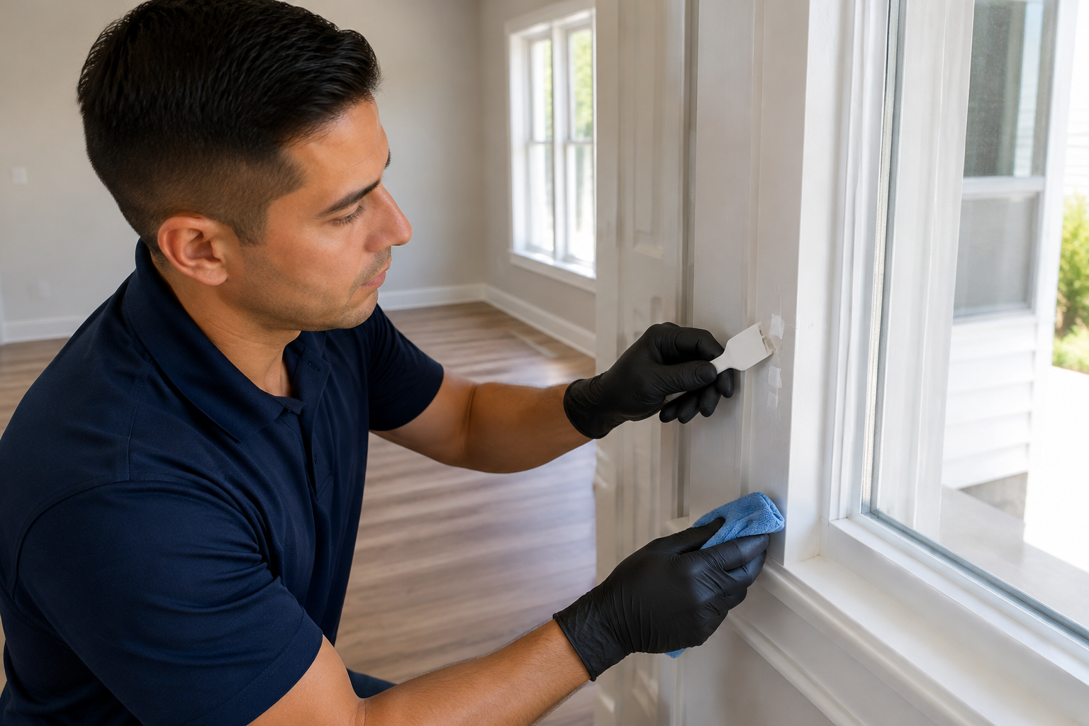 Professional cleaner carefully removing a light construction label and adhesive residue from new window trim.