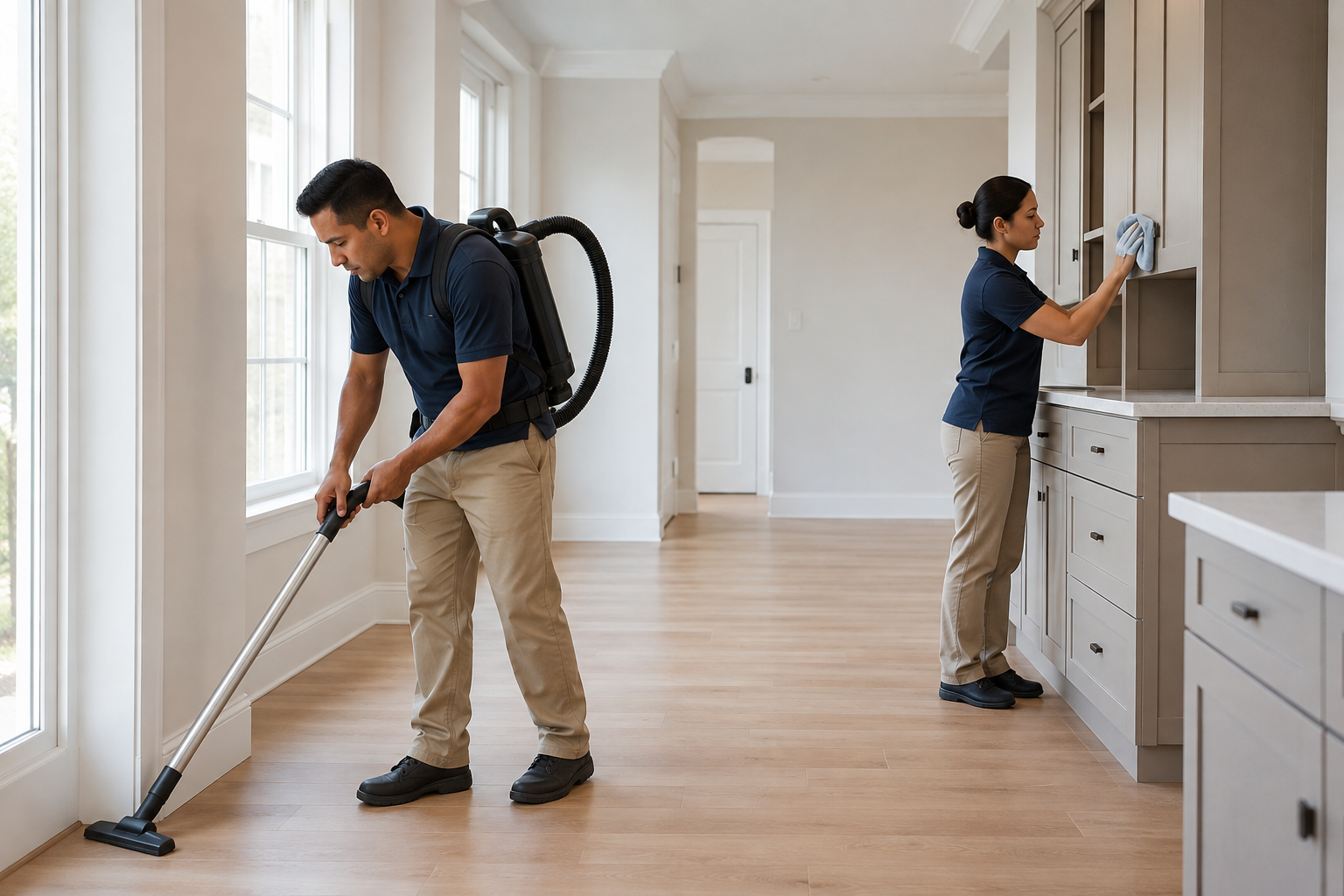 Two professional cleaners completing final post-construction detailing in an empty renovated home.