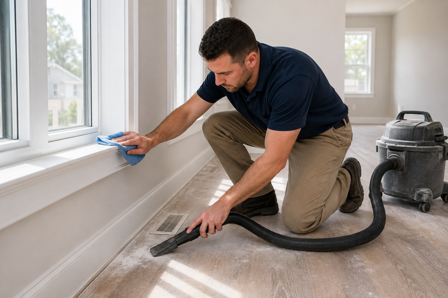 Professional cleaner removing fine construction dust from newly finished commercial surfaces.