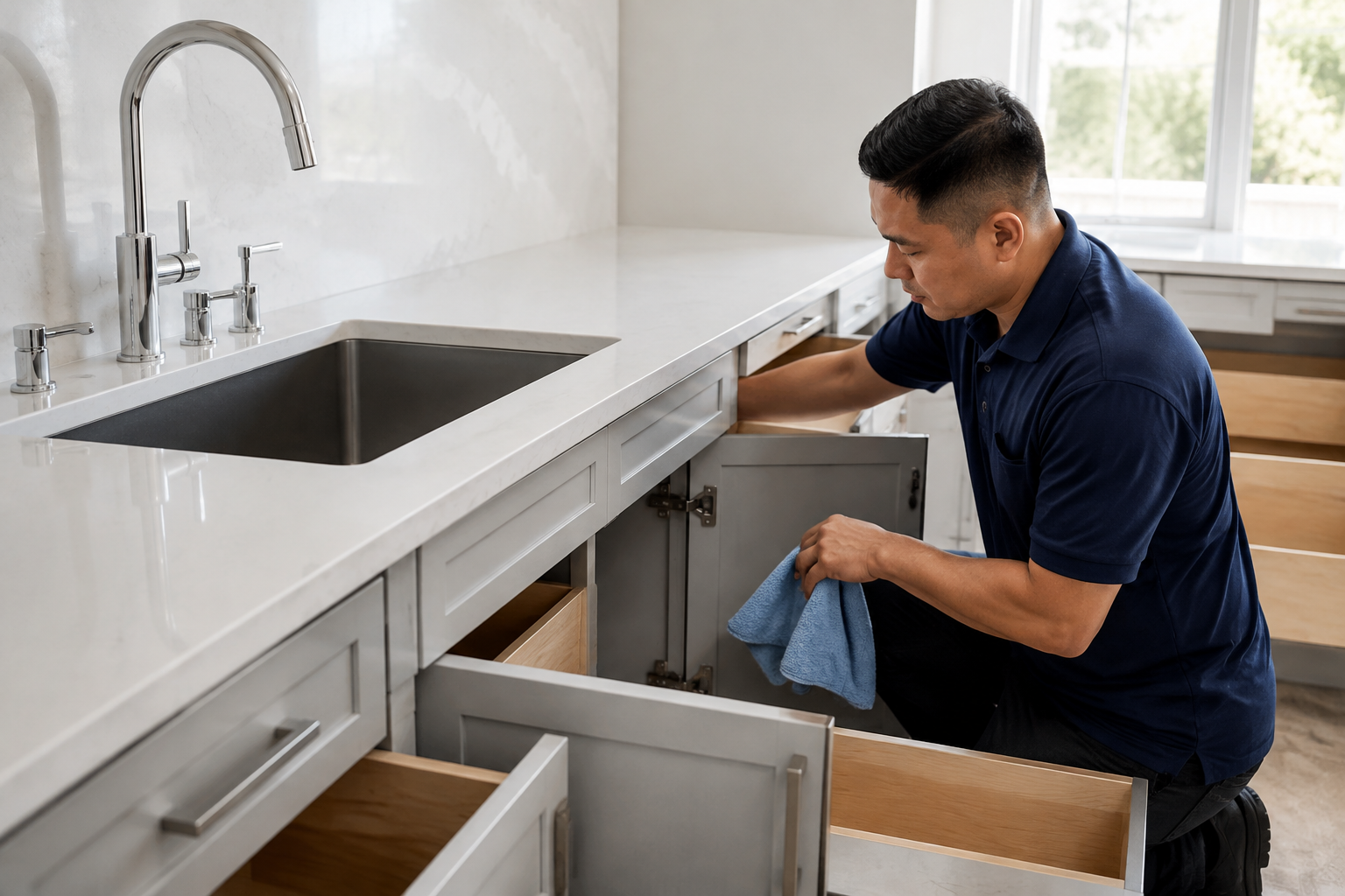 Professional cleaner detailing the interiors of new cabinets and drawers beside a newly installed sink.