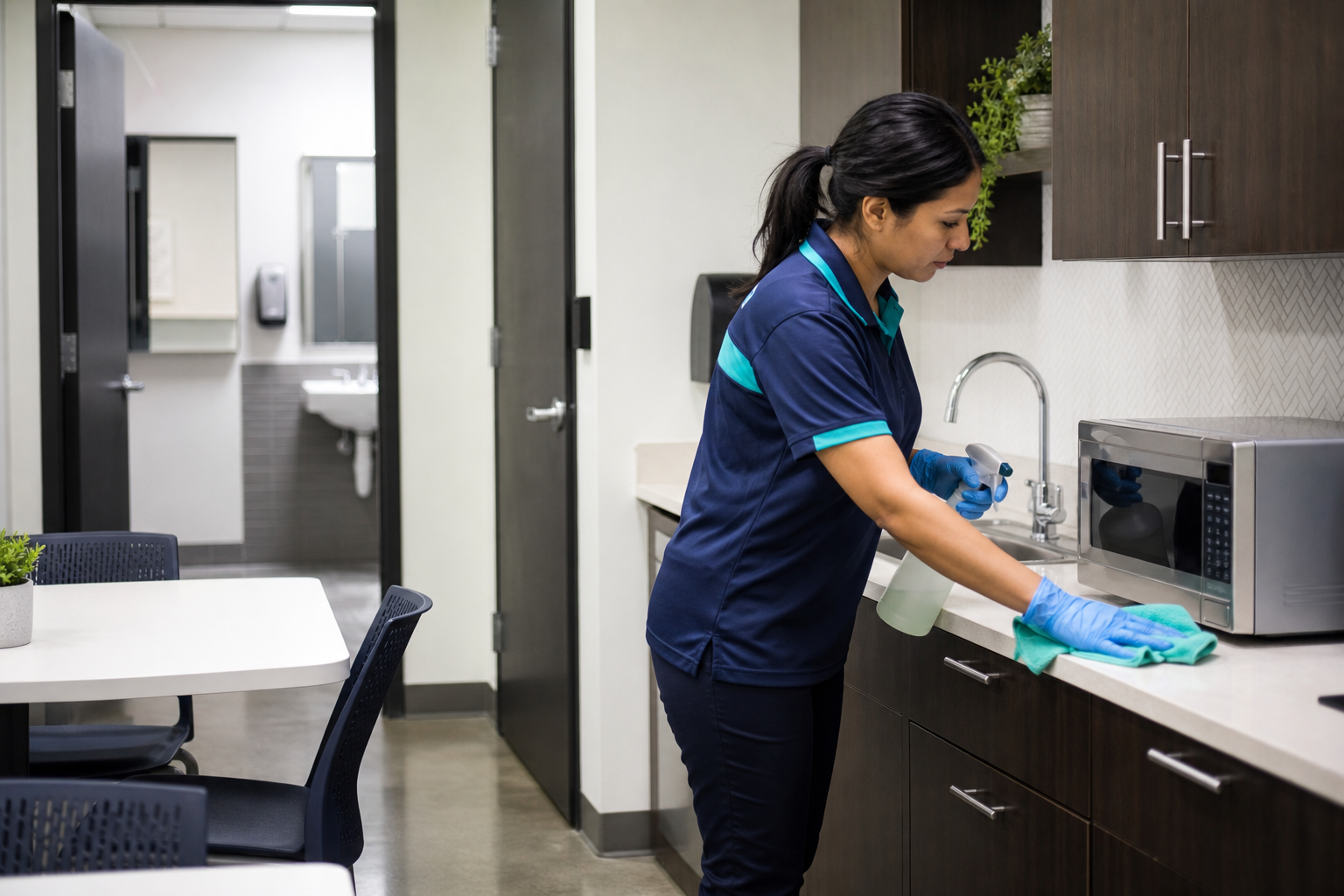 Commercial cleaner sanitizing counters and appliance surfaces in an office breakroom near employee restrooms.