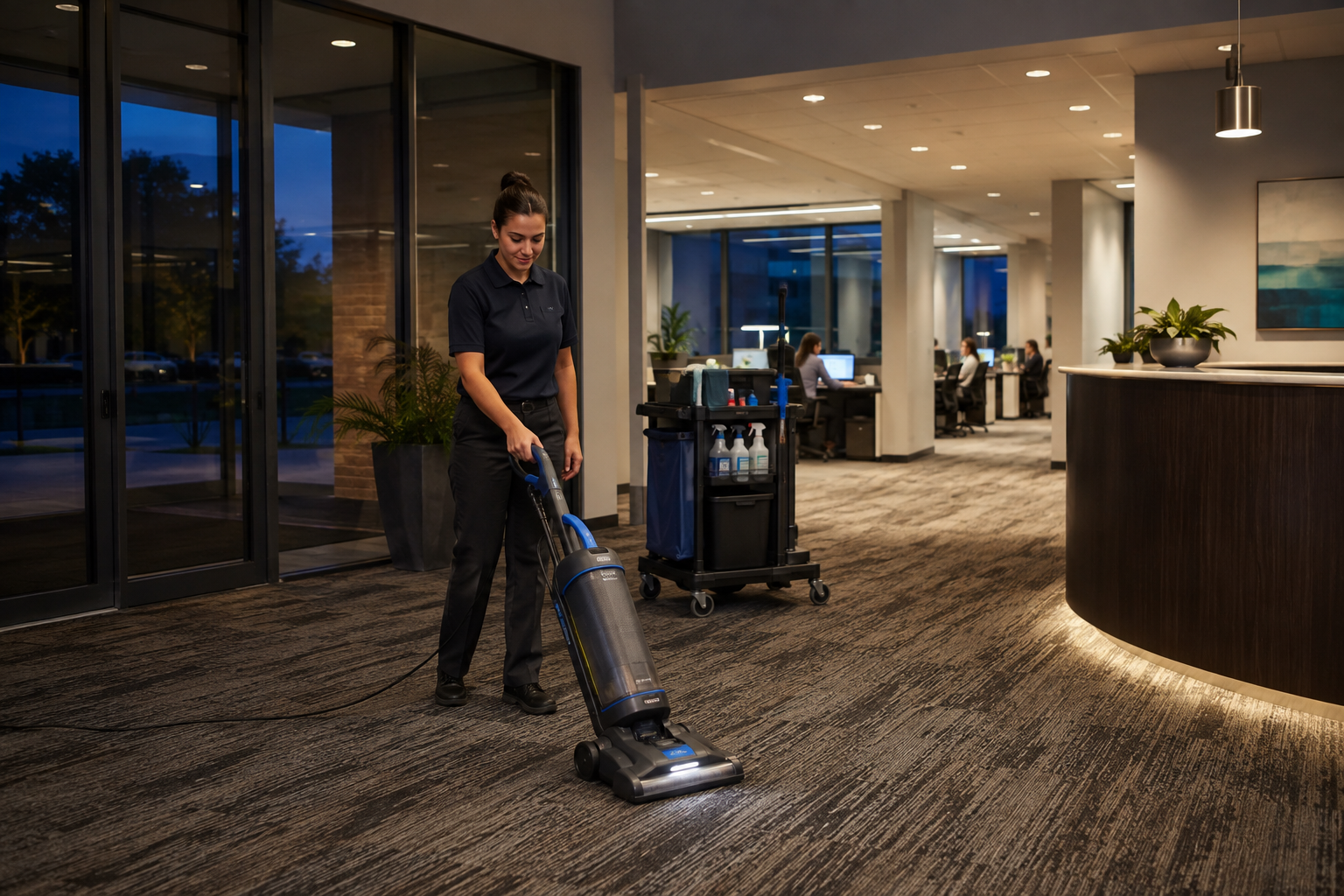 Commercial cleaner vacuuming a high-traffic office lobby and entrance during evening service.