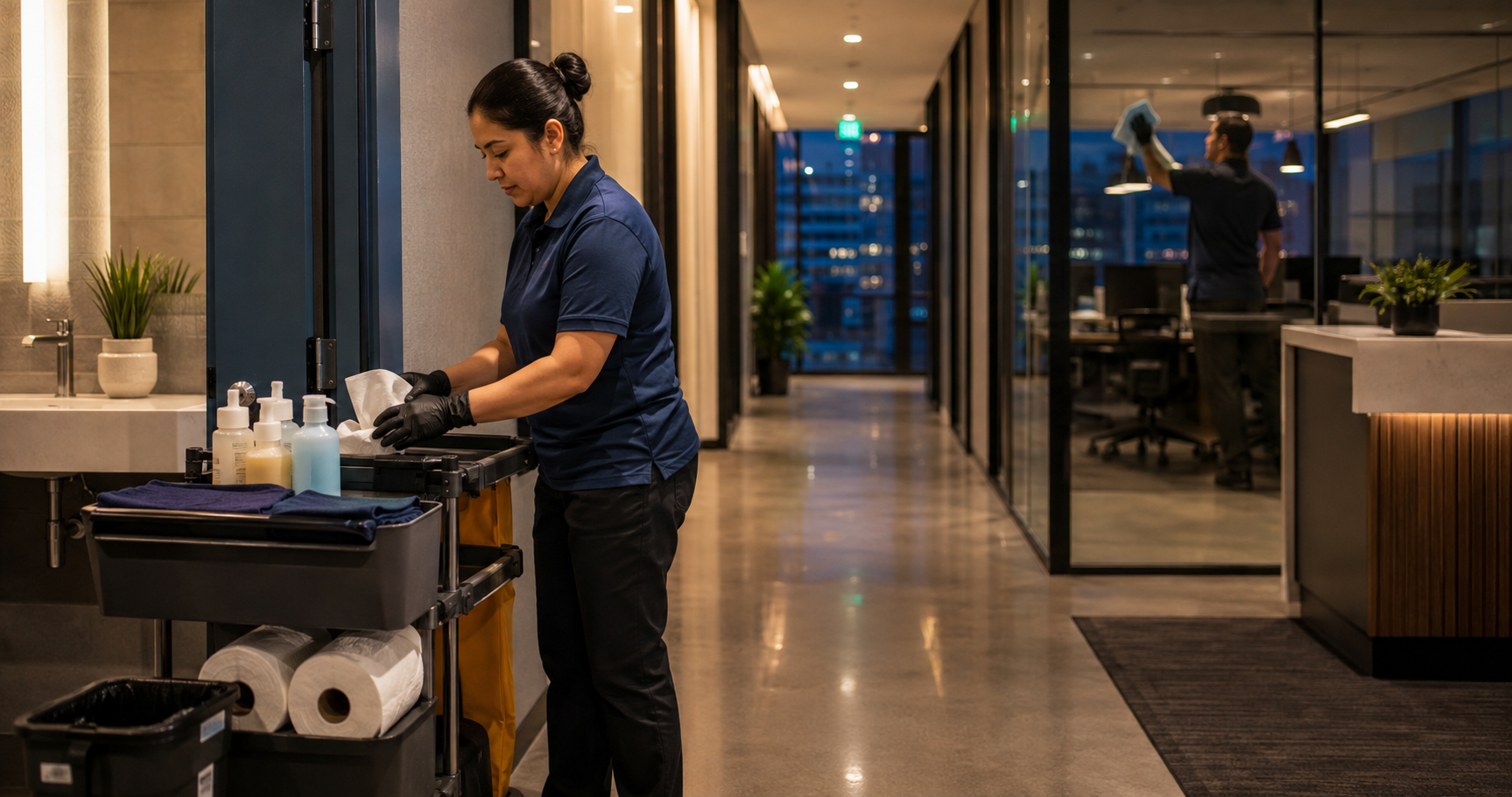 Commercial cleaning team restocking supplies and detailing interior glass during after-hours office service.